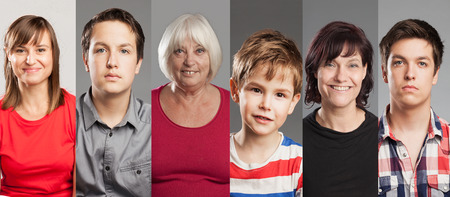 Series of six people, from preschooler to senior, colored backgroundsの写真素材