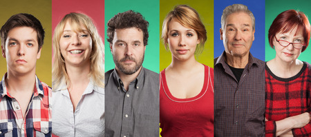 Series of six people, from preschooler to senior, colored backgroundsの写真素材