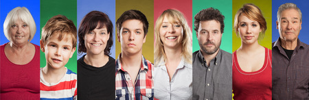 Series of eight people, from preschooler to senior, colored backgroundsの写真素材