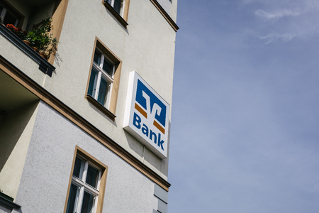 BERLIN, GERMANY - JUNE 15, 2017: Volksbank consumber bank trademark brand logo on store in central Berlin Prenzlauer Bergのeditorial素材