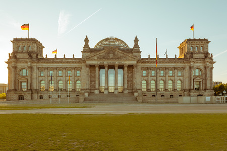German parliament building Reichstag in Berlin, hosting the Bundestag, in early monring sunset lightのeditorial素材