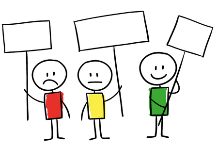 Line man holding sign up seeming unhappy, neutral and happy, review or satisfaction concept, hand drawn cartoon style illustration sketchの写真素材