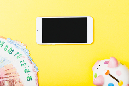 office table flat lay with electronic device as symbol for connectivityの写真素材