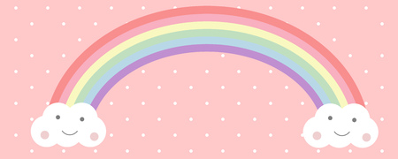 Happy clouds and rainbow in pastel color child drawing style polka dot backgroundのイラスト素材