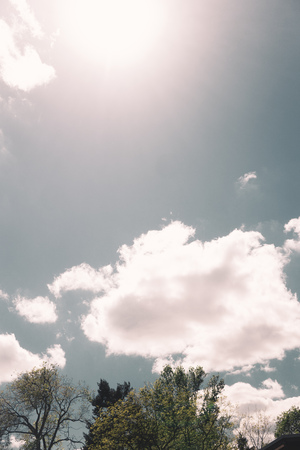 Fluffy clouds on a blue early summer sky against the sun with treesの写真素材