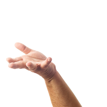 Caucasian male adult hand showing gesture of holding something in studio shot isolated on white backgroundの写真素材