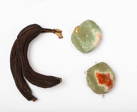 Old, rotting fruit with mold on a white tableの写真素材
