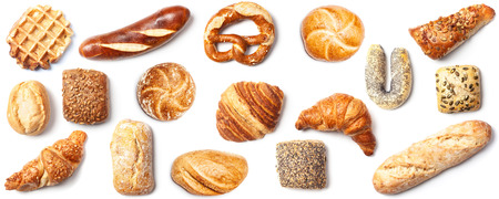 Set of different bakery product, top view isolated on white background, easy cutout high angle from...