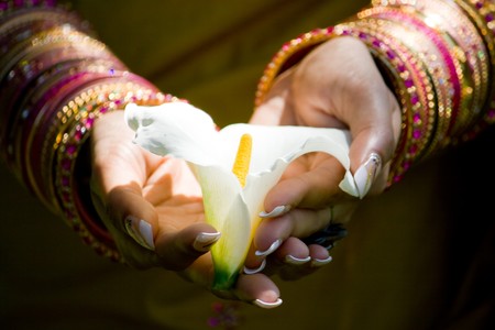 indian woman with flowerの写真素材