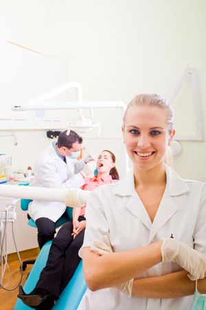 dental assistant in dental officeの写真素材