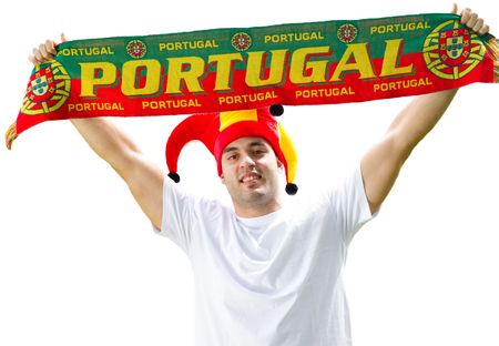 portuguese sports fan holding bannerの写真素材
