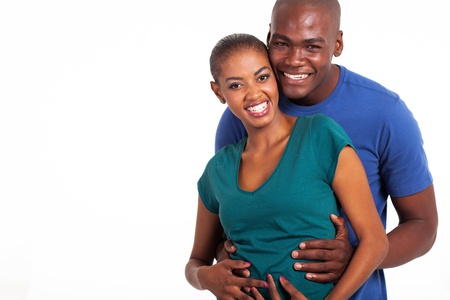 portrait of happy young afro american couple on white backgroundの写真素材