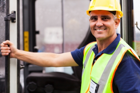 close up portrait of senior forklift driverの写真素材
