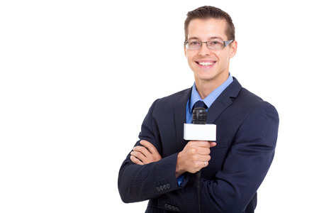 young news reporter in live broadcasting on white の写真素材