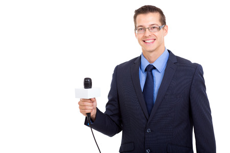 portrait of professional young journalist on white の写真素材