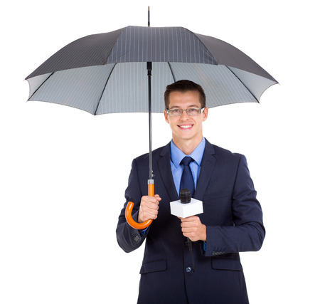handsome news journalist holding umbrella over white の写真素材