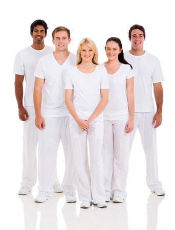 group of friends in white clothes on white backgroundの写真素材