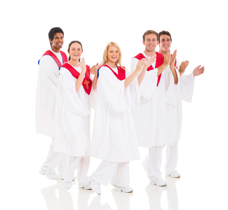 cheerful church choir performing on white backgroundの写真素材