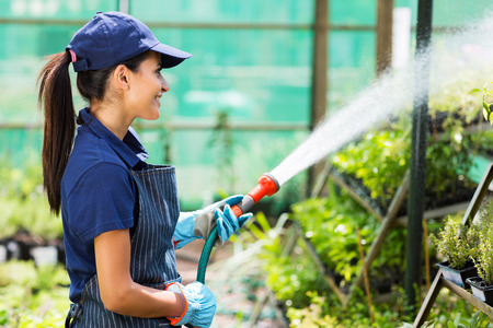 pretty female nursery worker watering plants in greenhouseの写真素材