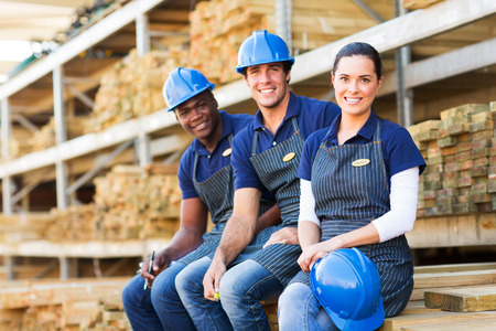 group of cheerful young hardware store co-workers resting at timber yardの写真素材
