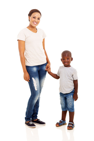 beautiful african american mother and son on white backgroundの写真素材