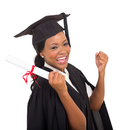 portrait of happy graduate student on white backgroundの写真素材