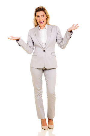 beautiful businesswoman looking surprised on white backgroundの写真素材