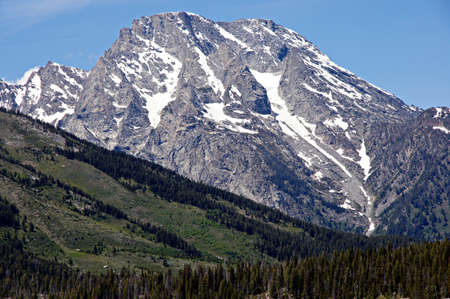 A green forested slope serves as forground to a glacier covered mountain peak at Grand Teton National Park の写真素材