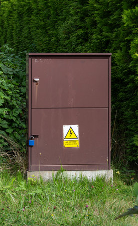 Utility box surrounded by green vegetation in a rural area during daylight hours