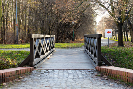 Bridge crossing over a cobblestone path in a quiet wooded areaの写真素材