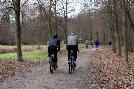 Cyclists ride through a park path surrounded by trees and visitors in winter