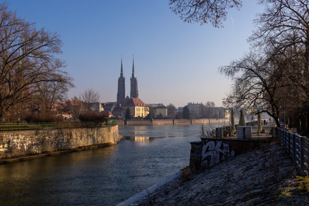 Wroclaw city view with river and towers on a winter day in Poland