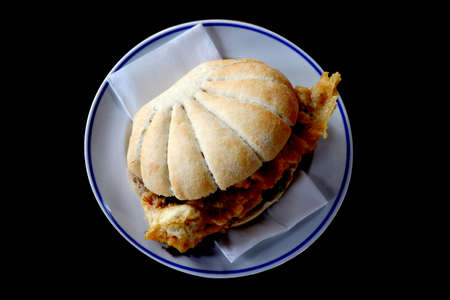 Fried Fish Sandwich served on a white plate - black backgroundの写真素材