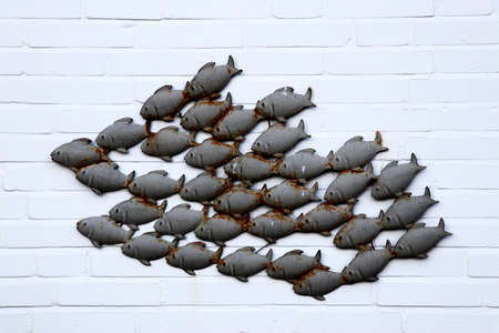 Metal fish decoration on a white brick wallの写真素材