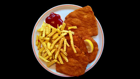 Wiener Schnitzel with French Fries and Ketchupの写真素材