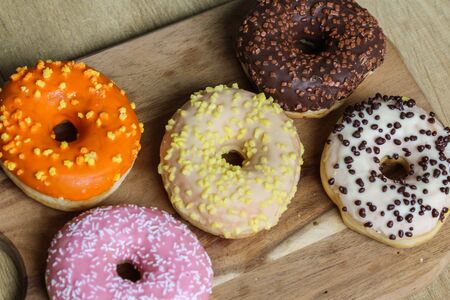 close up of different flavors of donutsの写真素材