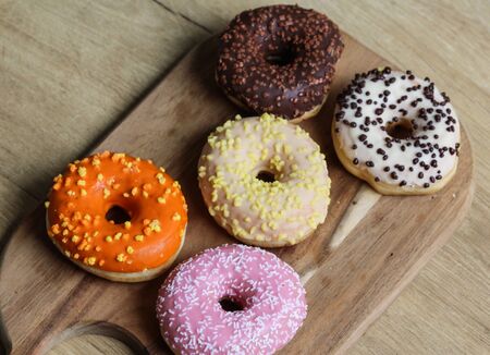 close up of different flavors of donutsの写真素材