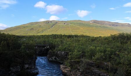 Overview of Kungsleden river in the arctic tundra. Abisko national park, Nothern Sweden