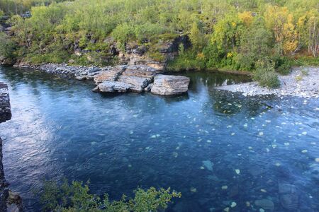Overview of Kungsleden river in the arctic tundra. Abisko national park, Nothern Swedenの写真素材