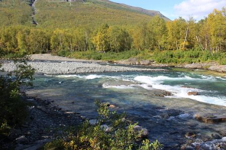 Overview of Kungsleden river in the arctic tundra. Abisko national park, Nothern Sweden