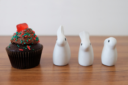 Chocolate cupcake with three ceramic rabbits decorationの写真素材