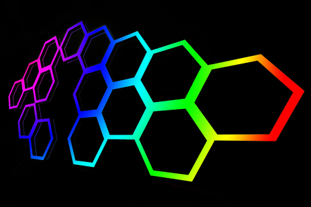 Abstract of hexagonal shape look alike honeycomb with effect of rainbow pattern painting on black backgroundの写真素材