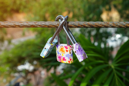 Group of fancy lock on the sling wire on believe of forever loveの写真素材