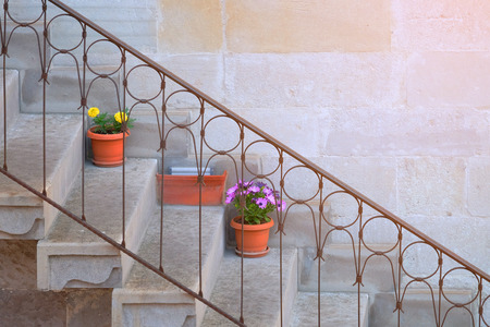 Side view of concrete staircase and steel handrail in the middle with flowers in flowerpotsの写真素材