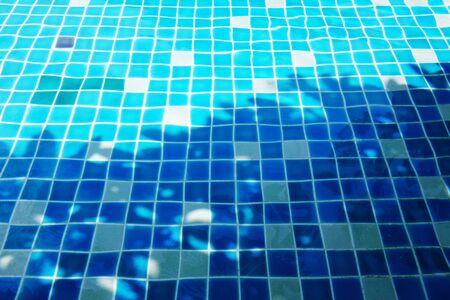 Front perspective view of tiles at the bottom of swimming pool, through the water, with shadow from the treeの写真素材