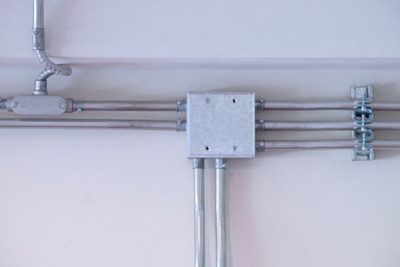 Steel conduit box and pipes installed on white wallの写真素材