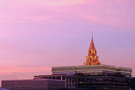 BANGKOK THAILAND - 2nd JUNE 2021: Top of new Thai parliament, Building lights up on the dramatic dusk sky, with the situation of PM2.5 in the capital city of Thailandのeditorial素材
