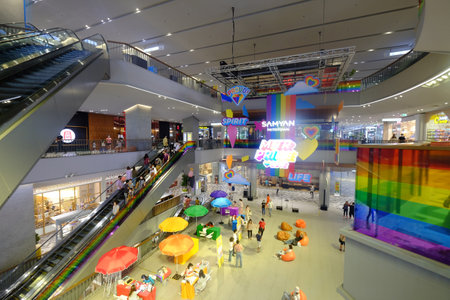 BANGKOK, THAILAND - 11th JUNE 2022: SAMYAN MITRTOWN Shopping Mall in capital city of Thailand, decorated in colorful rainbow theme for Pride Month LGBTQ festivalのeditorial素材