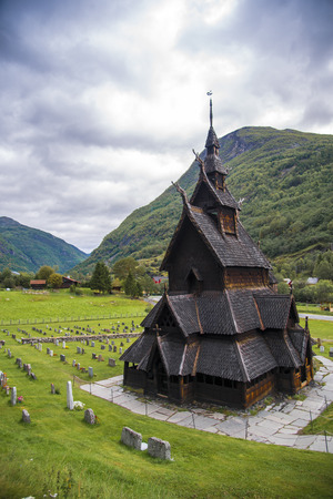 The Borgund Stave Church, Norway on a cloudy day.の写真素材