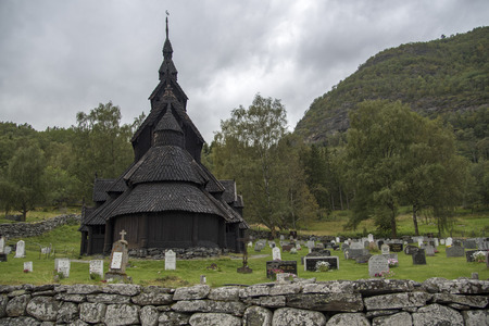 The Borgund Stave Church, Norway on a cloudy day.の写真素材